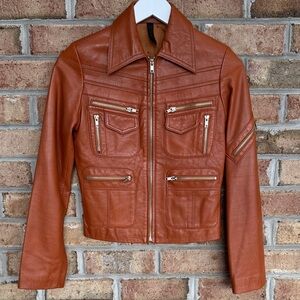La Belle brown leather motorcycle / moto jacket with zippers